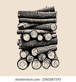 A realistic vintage-style drawing of a neatly stacked pile of raw firewood logs, arranged with visible rough textures.