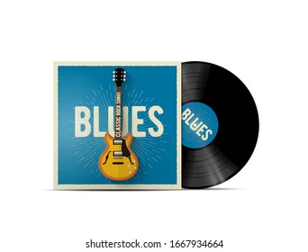 Realistic vinyl disc mockup with blues music cover with classic electric guitar on it. Works for blues rock playlist or album cover. Vector illustration