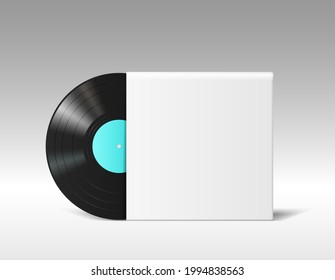 Realistic Vinyl Disc Mockup In Empty Blank Music Album Cover Isolated On White Background. Retro Musical Long Play In White Template Paper Box. 3d Vector Illustration