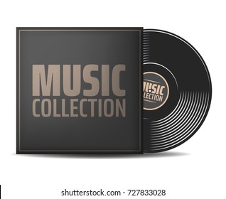 Realistic vinyl record with black cover mockup. Music collection. Front view. Vector illustration. Place your design