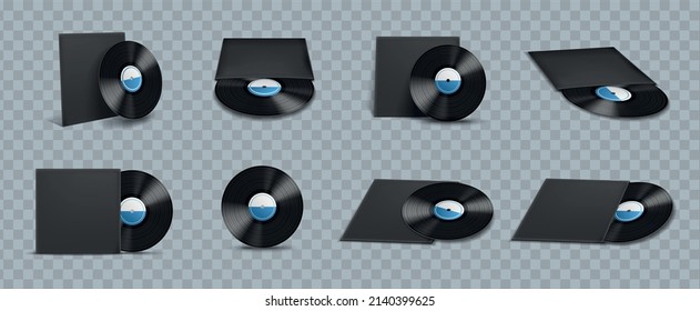 Registro de vinilo realista con portadas negras conjunto de iconos de simulación sobre ilustración vectorial de fondo transparente