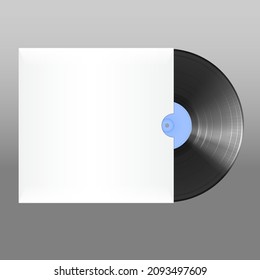 a realistic vinyl record with a blue label peeks out of a white box. Mockup for Music cover design