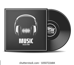 Realistic vinyl record with cover mockup. typography with headphones and sound wave. Music collection. Front view. Vector illustration. Place your design