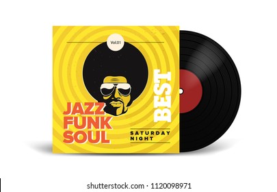 Realistic Vinyl Record with Cover Mockup. Disco party. Retro design. Front view.