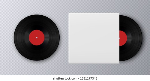 Realistic Vinyl Record with Cover Mockup. Gramophone vinyl record with label. Black vinyl record disk in paper case on gray background, LP music cover