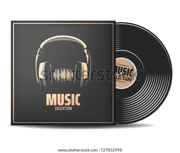 Realistic vinyl record with cover\
mockup. typography with headphones and sound wave. Music\
collection. Front view. Vector illustration. Place your\
design