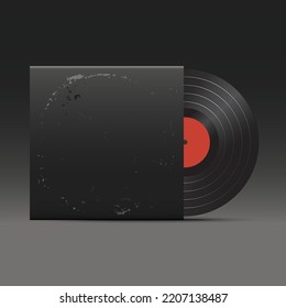 Realistic Vinyl Record With Cover Packaging, Vector Mock-up. LP Black Envelope With Scratches, Template. Front View