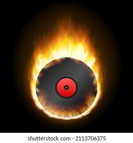 Realistic Vinyl Record with fire. Disco party. Retro design. Vector illustration.