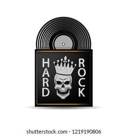 Realistic vinyl record for hard rock music with skull and text print, vector illustration isolated on white background with gray shadow