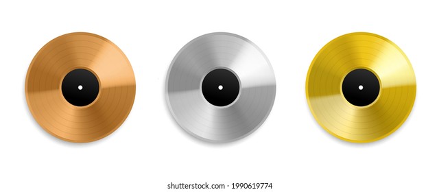 Realistic vinyl record. Metal golden and platinum top charts audio discs, music awards albums, silver and rose gold layouts mockup. Songs and singers prize. Vector isolated set