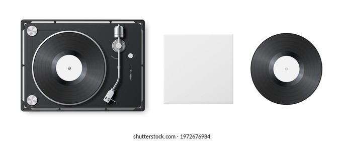 Realistic vinyl record player with blank cover and vinyl record. 3d detailed vintage turntable, label, disk. Retro gramophone LP record. Top view. Sound equipment. Concept for sound, entertainment