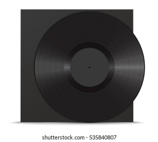 Realistic vinyl record and sleeve. Black blank mock up isolated on white background. Vector illustration