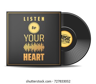 Realistic vinyl record with yellow cover mockup. Listen to your heart. Music collection. sound wave. Front view. Vector illustration. Place your design