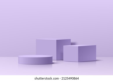 Realistic violet 3D cube and cylinder pedestal podium set in pastel abstract room. Minimal scene for products stage showcase, promotion display. Vector geometric platform design. Vector illustration