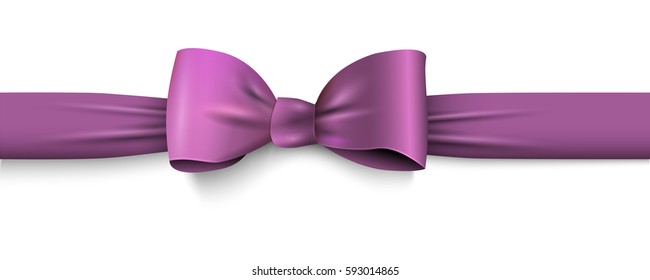 Realistic violet bow with horizontal ribbon isolated on white. Design element for decoration gifts, greetings, holidays. Vector illustration