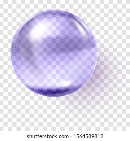 Realistic violet glass ball. Transparent violet sphere. Glass bead. Realistic bubble. Vector illustration