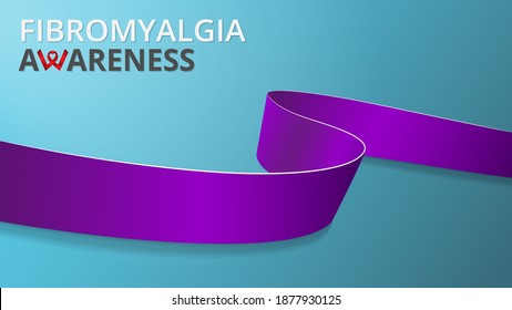 Realistic violet ribbon. Awareness fibromyalgia month poster. Vector illustration. World fibromyalgia day solidarity concept. Blue background