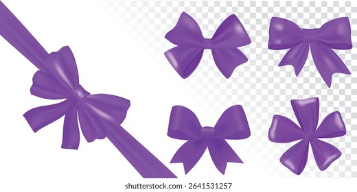 Realistic Violet ribbon bow knot as design element for holidays design, gift boxes, Purple blank price tags, labels or badges. Ribbon banners for advertising, icon, and frame design set, website, post