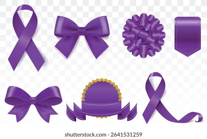 Realistic Violet ribbon bow knot as design element for holidays design, gift boxes, Purple blank price tags, labels or badges. Ribbon banners for advertising, icon, and frame design set, website, post