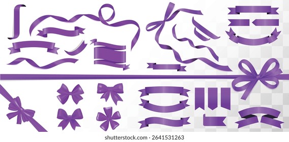 Realistic Violet ribbon bow knot as design element for holidays design, gift boxes, Purple blank price tags, labels or badges. Ribbon banners for advertising, icon, and frame design set, website, post