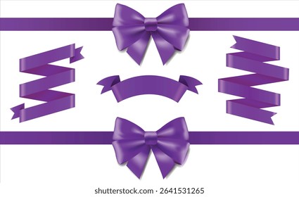 Realistic Violet ribbon bow knot as design element for holidays design, gift boxes, Purple blank price tags, labels or badges. Ribbon banners for advertising, icon, and frame design set, website, post