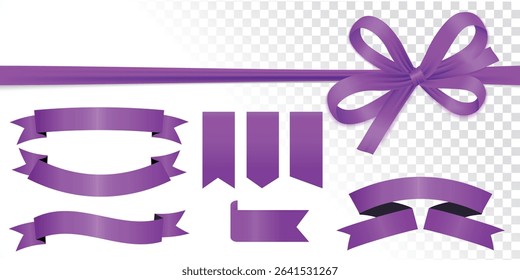 Realistic Violet ribbon bow knot as design element for holidays design, gift boxes, Purple blank price tags, labels or badges. Ribbon banners for advertising, icon, and frame design set, website, post