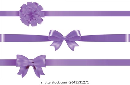 Realistic Violet ribbon bow knot as design element for holidays design, gift boxes, Purple blank price tags, labels or badges. Ribbon banners for advertising, icon, and frame design set, website, post