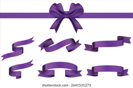 Realistic Violet ribbon bow knot as design element for holidays design, gift boxes, Purple blank price tags, labels or badges. Ribbon banners for advertising, icon, and frame design set, website, post