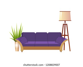 Realistic violet sofa with floor lamp and flowerpot interior vector illustration.