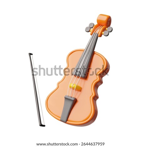 Realistic violin and bow 3d plastic style vector icon. Cartoon classical string music instrument render illustration. Retro wooden violin isolated. Render symphony orchestra sound device
