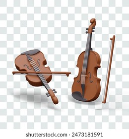 Realistic violin and bow. Set of vector elements in different positions