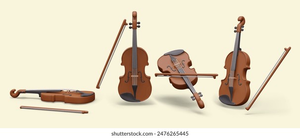 Realistic violin with bow. Vector model in different positions and combinations