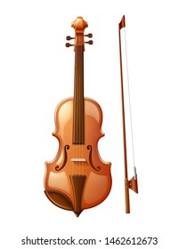 Realistic violin with fiddlestick. Wooden classic musical instrument. Orchestra music string instrument. Vector 3d fiddle.