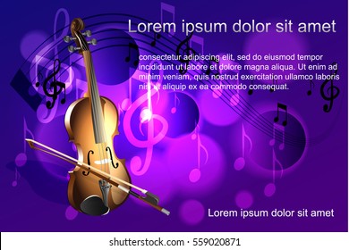 Realistic violin and musical notes on a colored background illustration
