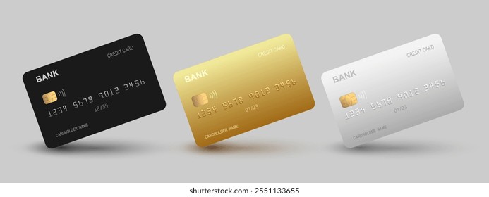 Realistische VIP detaillierte 3D-Stil verschiedene Kredit-Debit-Karten-Mockups. Vektorsatz, bearbeitbare grafische Elemente