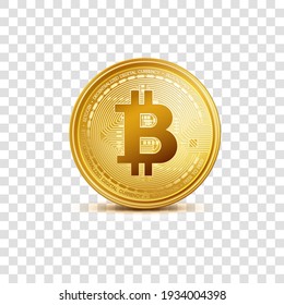 Realistic virtual golden bitcoin coin. Crypto currency golden coin bitcoin symbol isolated on transparent background.