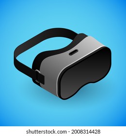 Realistic virtual reality glasses in isometry. Vector isometric illustration of electronic device, VR glasses. Portable electronic gadget, eyeglasses isolated on blue background