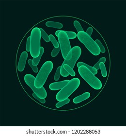 Realistic Virus under microscop on green backgorund. Bacteria virus, microorganism cells. 3D vector illustration