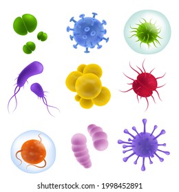 Realistic viruses types. 3d bacteria and germs, microorganism shapes and bacillus flu, covid-19 pathogen. Biological science laboratory. Colorful microbiology objects, vector isolated set