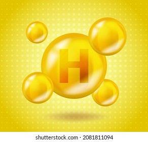Realistic Vitamin H Biotin design. Yellow nutrition illustration concept. 3D Vitamin complex H Biotin design. Drop pill capsule.