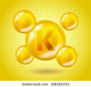 Realistic Vitamin K Phylloquinone design. Yellow nutrition illustration concept. 3D Vitamin complex K Phylloquinone design. Drop pill capsule.