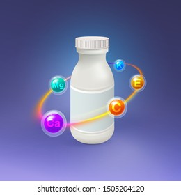 Realistic Vitamin Plastic Bottle With A Multicolored Light Circle Surrounded By Essential Vitamins And Minerals Vector Creative Design With A Clear Glass Capsule, Vitamin, Tablet, Mock Up