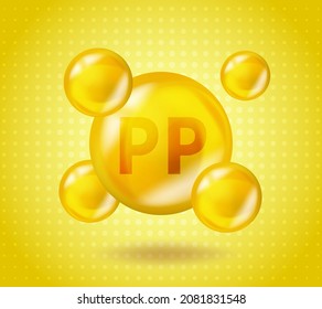 Realistic Vitamin PP Niacin design. Yellow nutrition illustration concept. 3D Vitamin complex PP Niacin design. Drop pill capsule.