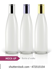 Realistic vodka bottle or other gin bottle. Mockup on a white background with shadow and reflection.