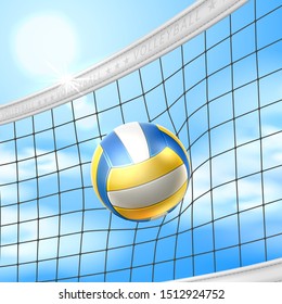 Realistic volleball in net on background of blue summer sky. Beach volleyball background template. Vector sport betting, beach volley championship design.