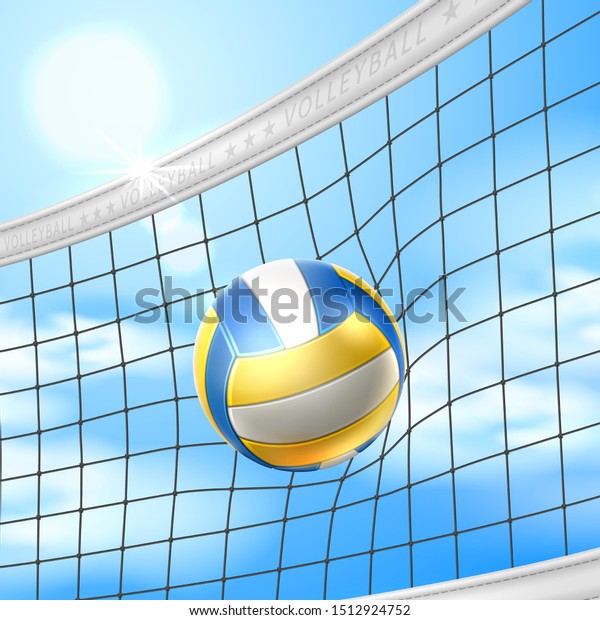 Realistic volleball in net on\
background of blue summer sky. Beach volleyball background\
template. Vector sport betting, beach volley championship\
design.