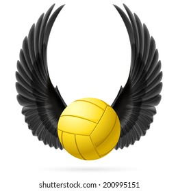 Realistic volley ball with raised up black wings emblem