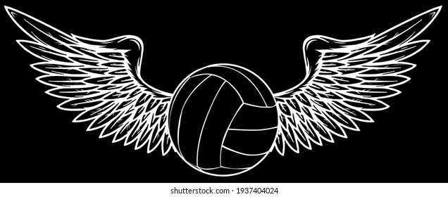 Realistic volley ball with wings silhouette in black background