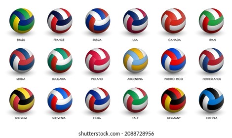 Bolas de voleibol realistas con colores de banderas nacionales de países que participan en la competencia. Torneos de voleibol, clasificación. Vector aislado en la espalda blanca