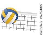 realistic volleyball net with ball white and volleyball net sport. beach volley sport. Volleyball court and net visible from the hill angle, volleyball ball standing on the line

